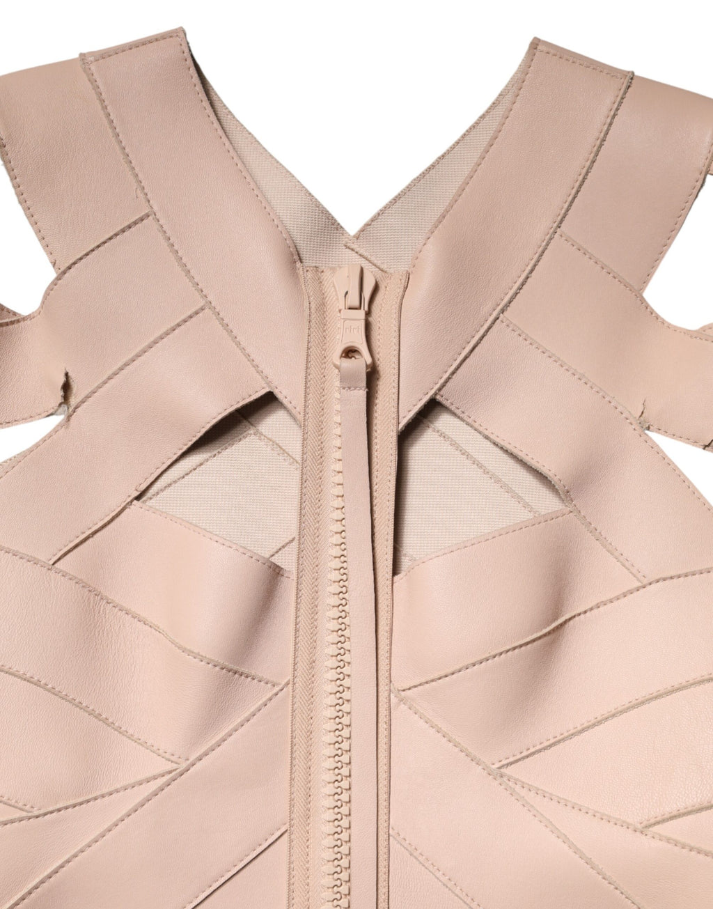 Beige Leather Short Sleeves Sheath Mini Dress