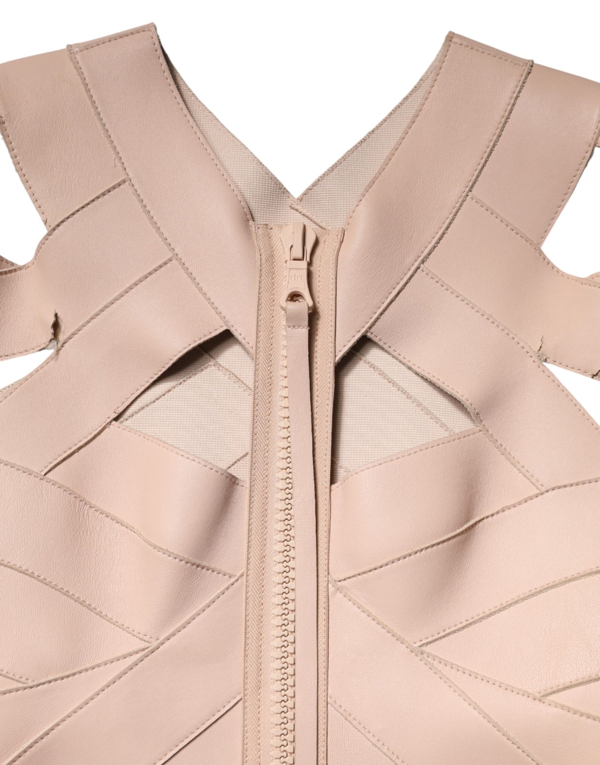 Beige Leather Short Sleeves Sheath Mini Dress