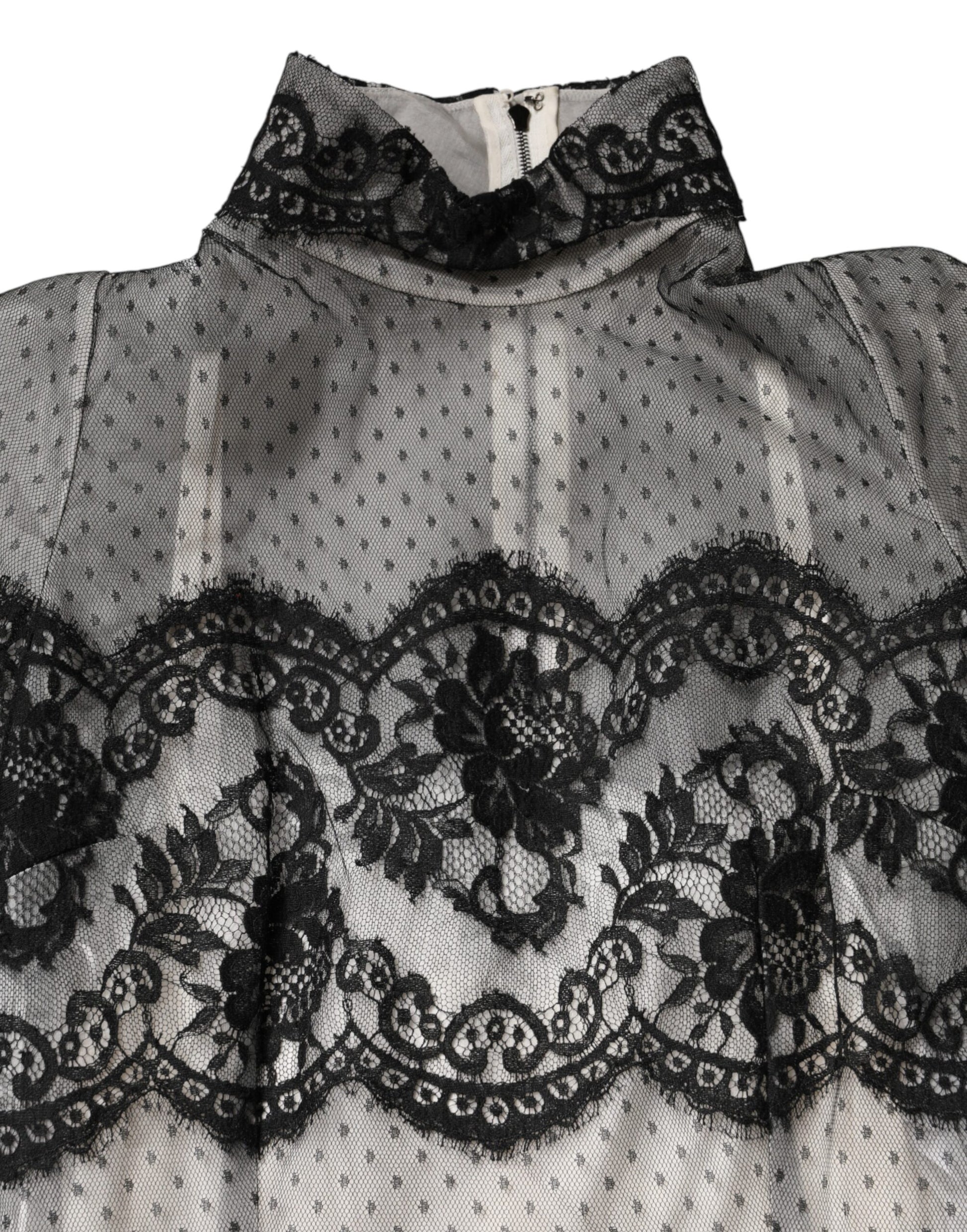 Black White Lace Silk Blend MaxiSheath Dress