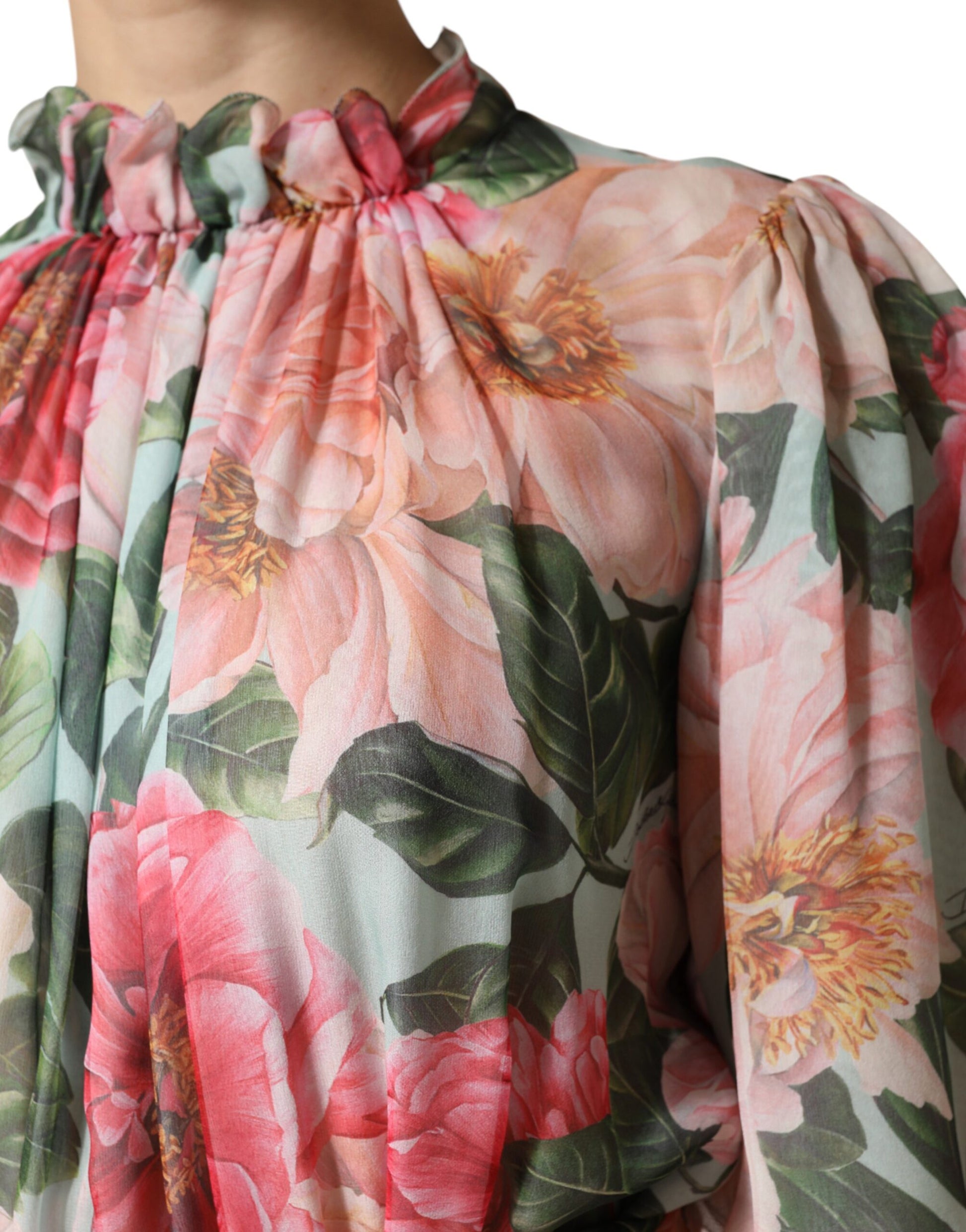 Multicolor Floral Silk Chiffon Pleated Mini Dress