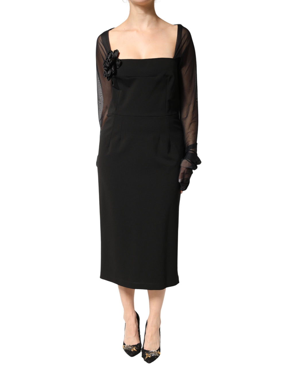 Black Sheer Yoke Rosette Sheath Midi Dress