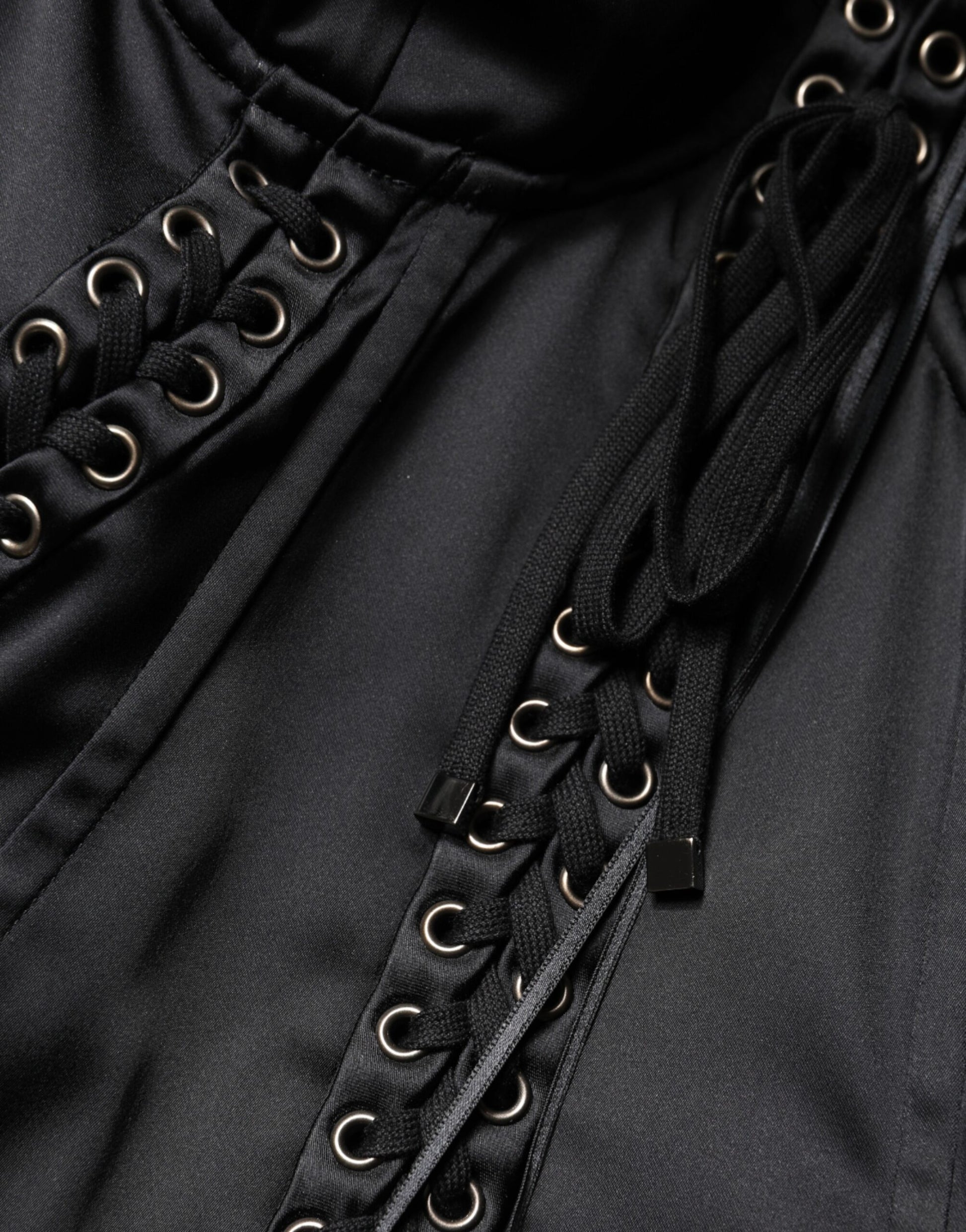 Black Satin Acetate Lace Eyelets Mini Dress