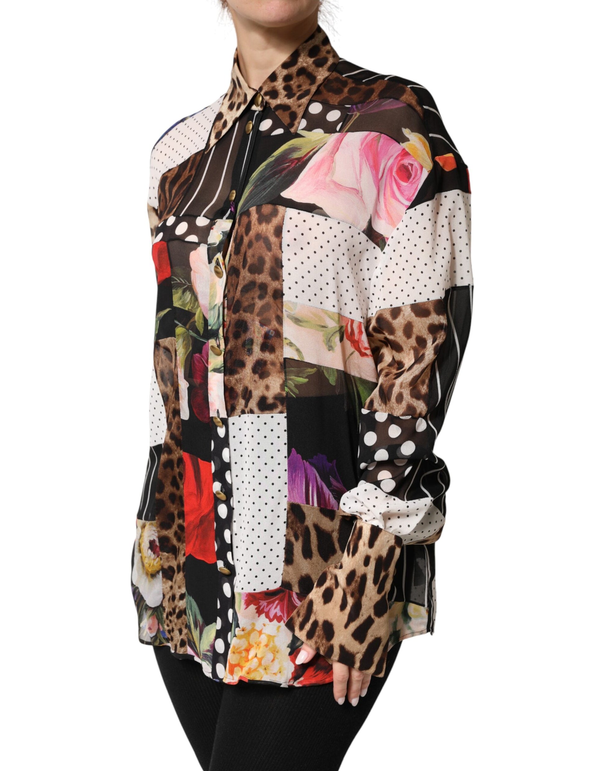 Multicolor Patchwork Silk CollaredBlouse Top
