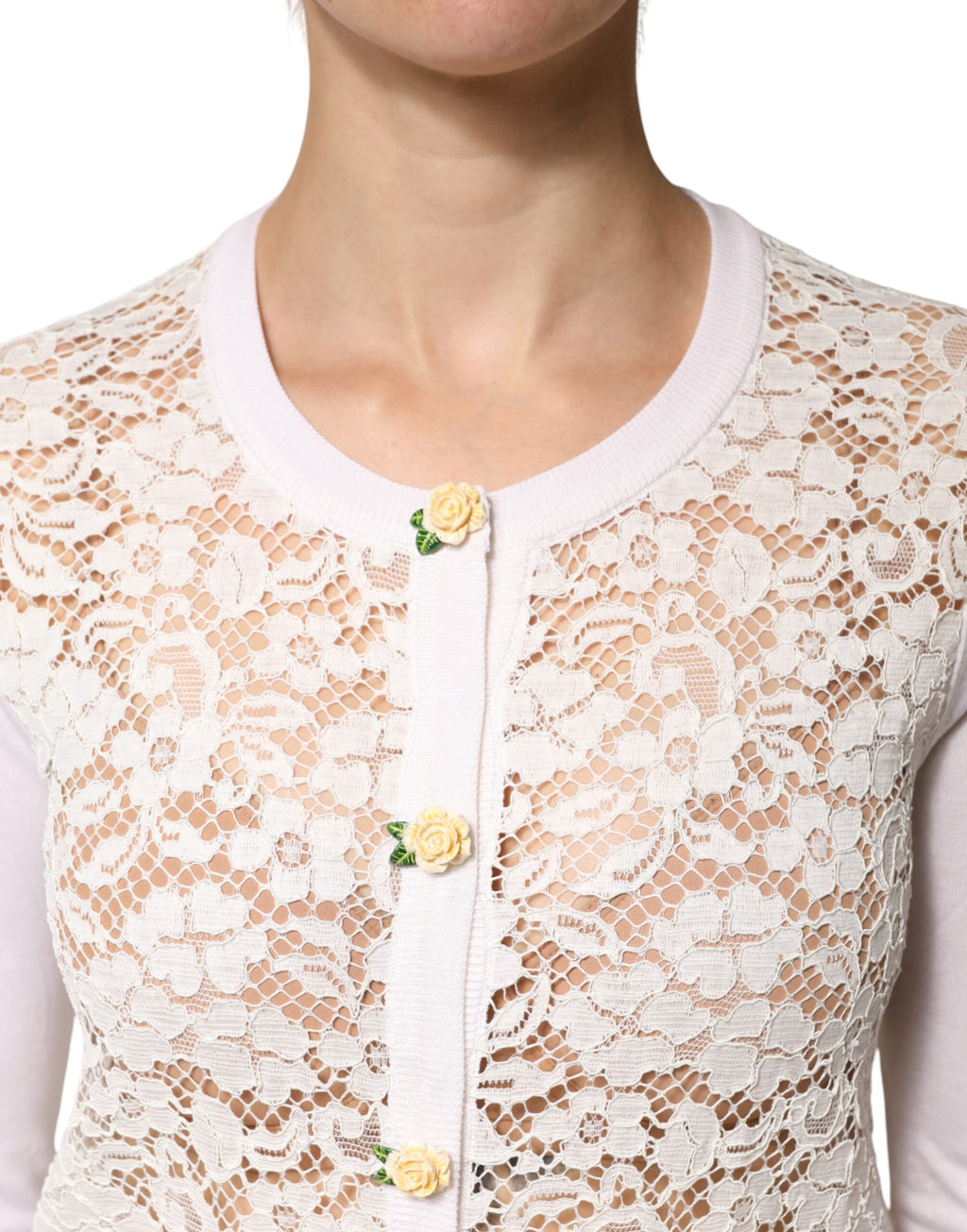 Cream Lace Knit Rose Button Cardigan Sweater
