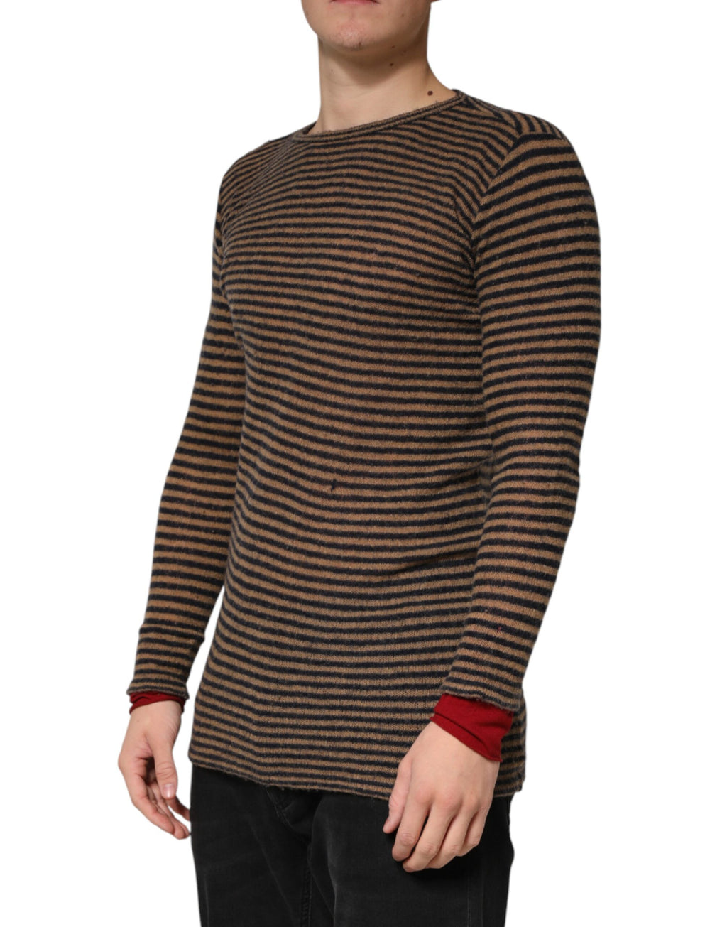 Brown Black Stripes Wool Crew Neck Pullover Sweater