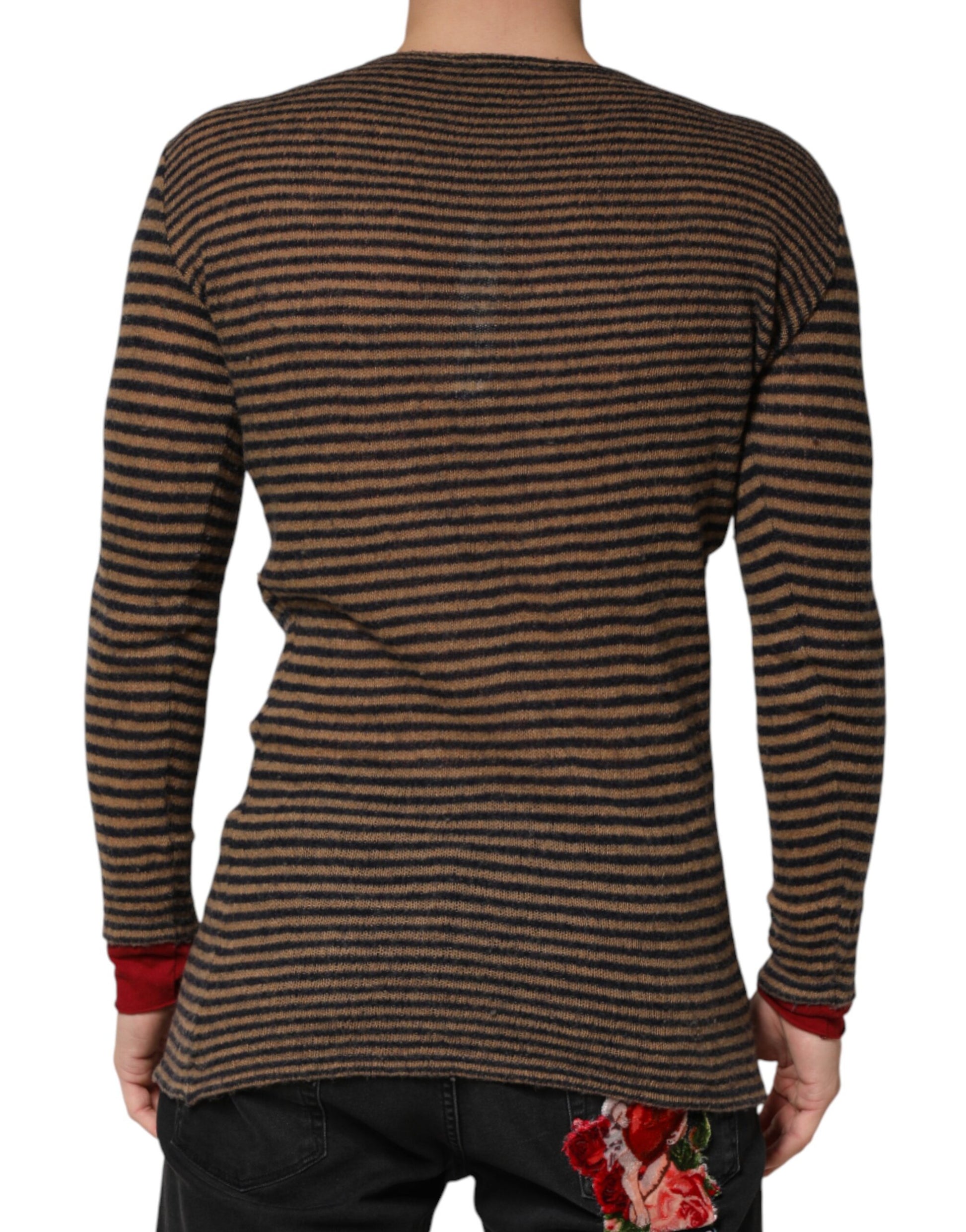 Brown Black Stripes Wool Crew Neck Pullover Sweater