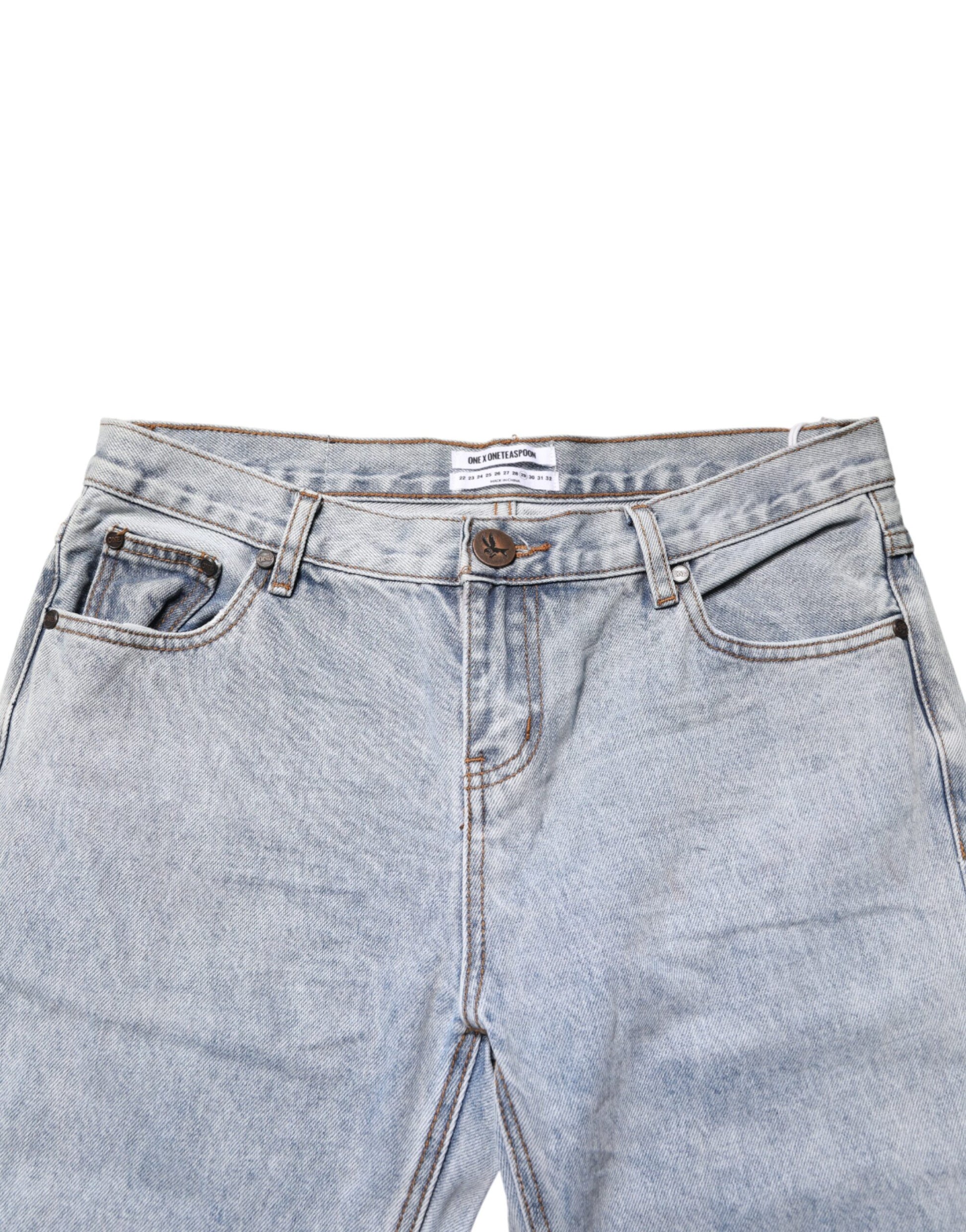 Light Blue Tattered Mid Waist Straight Denim Jeans