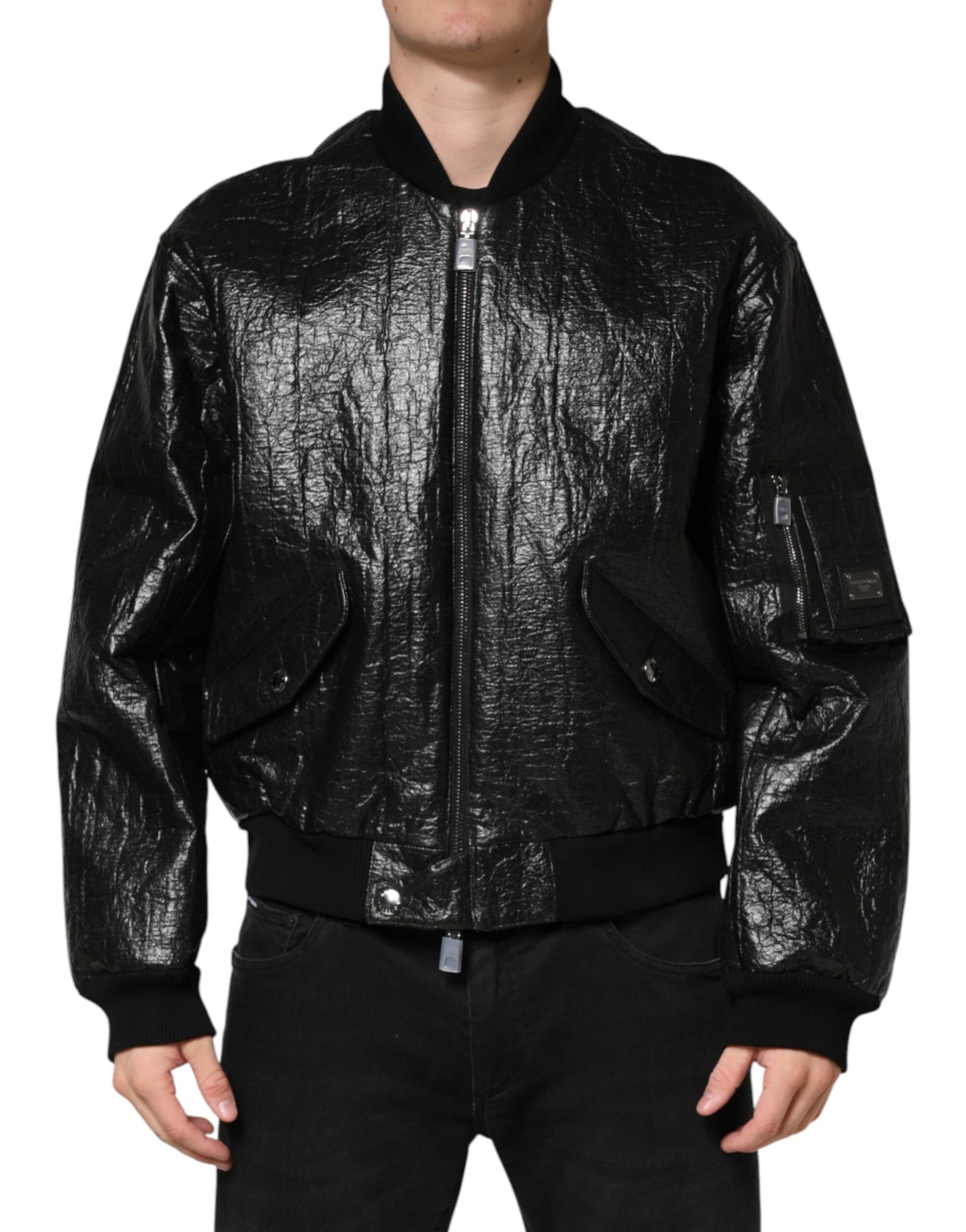 Black Cellulose Leather FullZip Biker Jacket