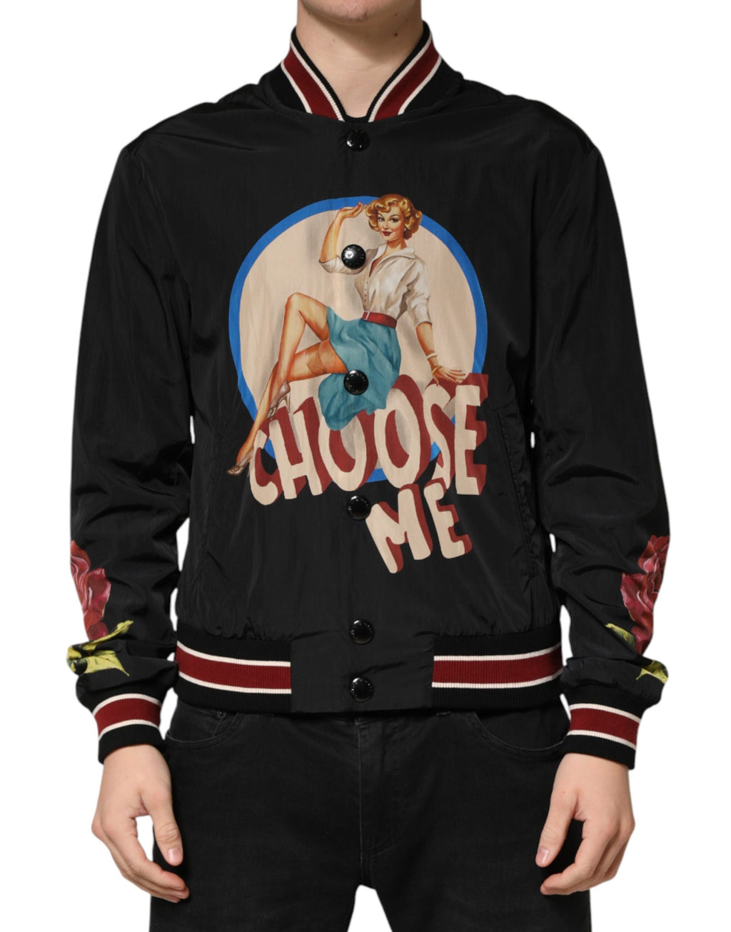 Black Pin Up Button Down Men Bomber Jacket