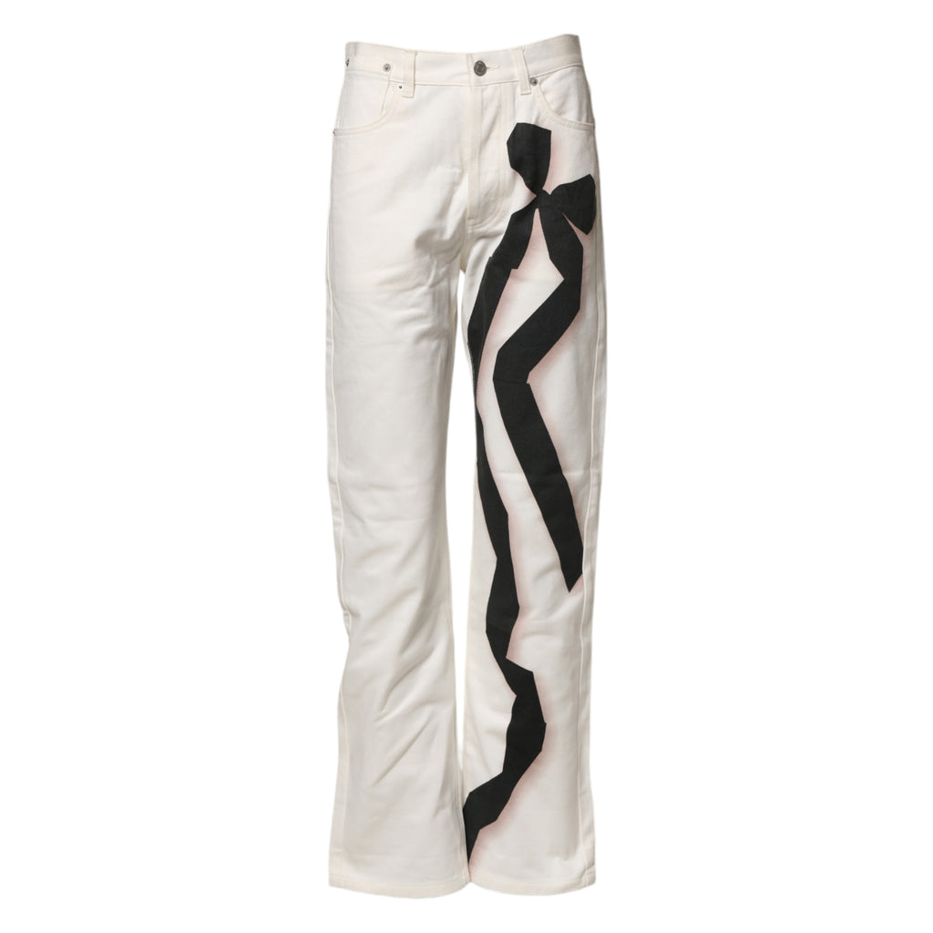 White Straight Bow Details Denim Casual Jeans